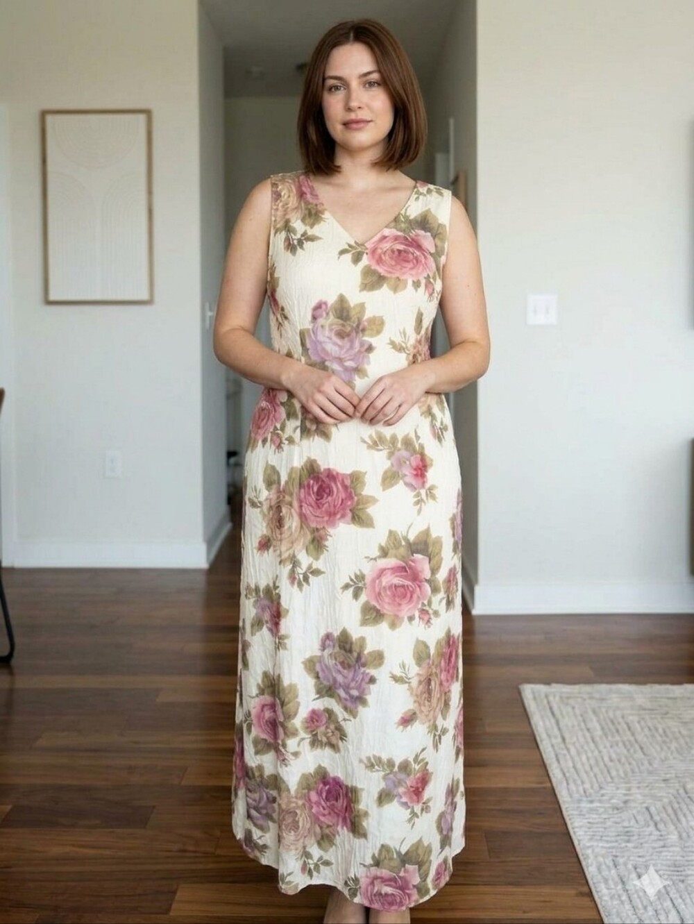 Vtg S.L. Fashions Rose Floral Maxi Dress 18 90s Cottagecore Romantic V-Neck